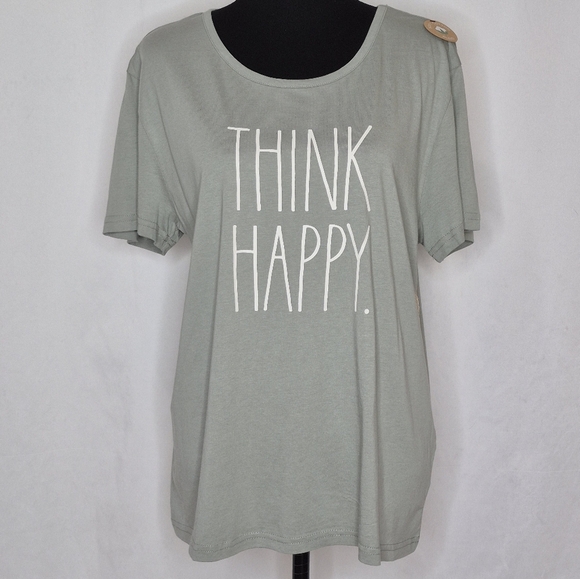 Rae Dunn "Think Happy" Sage Green Short Sleeve Cotton Blend Tee NWT - Size XL - Picture 1 of 8